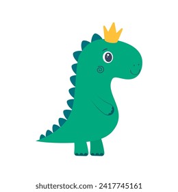 cute baby dinosaur, funny green dino character isolated, design for kids, cartoon vector creature for children