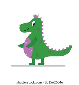 Cute baby dinosaur. Dinosaur girl with crown. Princess dinosaur. Isolated on a white background. Cartoons flat style. Prehistoric reptiles. Vector illustration