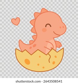 Cute baby dinosaur hatching from egg with heart symbol. Perfect for newborn designs, baby shower invitations, nursery art, children’s books, apparel, educational materials. Transparent background