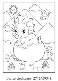 Cute Baby Dinosaur Hatching from Egg Coloring Page for Kids and adults. Fun and Printable Activity Sheet for Children.
