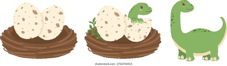 Cute baby dinosaur hatching from egg and nest illustration set