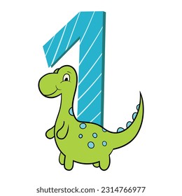 Cute Baby Dinosaur With Number, Vector Illustration