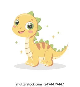 Cute baby dinosaur on white background. Design for greeting cards, invitations, printing on clothes. Flat style illustration