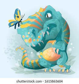 Cute Baby Dinosaur Playing with butterfly. Tyrannosaur. Cartoon character vector illustration. Can be used for print design greeting card used for print design, banner, poster, flyer template