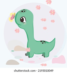 Cute Baby Dinosaur Playing With Butterfly Illustration