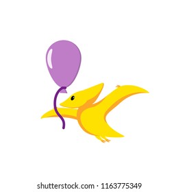 Cute baby dinosaur pterodactyl with balloon illustration in flat style for kid clothes print, poster, banner, logo, icon, greeting card, Dino party invitation, prehistoric animal. Fun cartoon Graphics