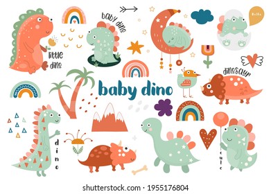 Cute baby dinosaur, rainbow, flower collection. Hand drawn. Doodle cartoon dino characters for nursery posters, cards, kids t-shirts. Vector illustration. Isolated on white background.