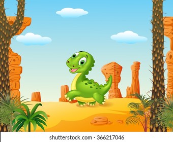 Cute baby dinosaur running in the desert background