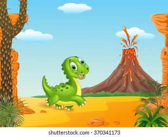 Cute baby dinosaur running in the prehistoric background