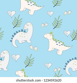Cute baby dinosaur seamless pattern on the light blue background. Baby cloth design, wallpaper, wrapping. Vector illustration.