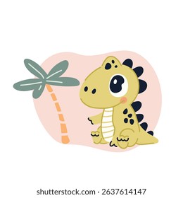 Cute baby dinosaur sitting near palm tree, vector illustration flat style