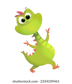 Cute Baby Dinosaur Sonriendo y Jugando Ilustración Infantil. Divertido dino verde de dibujos animados, diseño imaginario de carácter divertido para los niños. Criatura vectorial colorida, dibujos animados aislados de los niños.