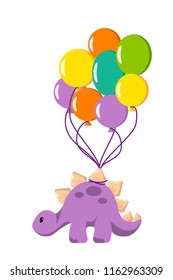 Cute baby dinosaur stegosaurus with balloons illustration in flat style for kid clothes print, poster, banner, logo, icon, greeting card, Dino party invitation, prehistoric animal. Fun cartoon Graphic