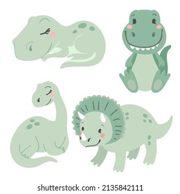 Cute baby dinosaur, t-rex, diplodocus and tyrannosaur on white background. Girl and boy baby shower invitation elements. Set of little dino vector illustration.