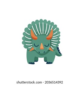 Cute baby dinosaur triceratops isolated on white background. Front view. Kid character dino monster for cool nursery prints.