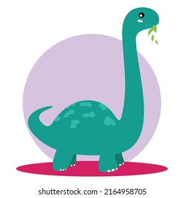 Cute baby dinosaur. Vector illustration of a diplodocus isolated on a white background. A green herbivorous dinosaur chews leaves. Dino for the design of educational games and classes