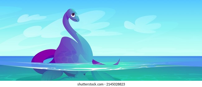 Un pequeño dinosaurio en el agua. El paisaje marino o oceánico con plesiosauro. Dibujo vectorial de un divertido personaje de dino, animal marino prehistórico con aletas