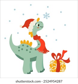 Cute baby dinosaur wearing hat and scarf,  snow and gift box. Vector flat illustration for winter and Christmas cards. Xmas design.