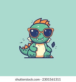 Cute baby Dinosaur wearing sunglasses cartoon reptile trex raptor illustration