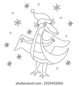 Cute baby dinosaur with wings and snow. Vector hand drawn doodle Christmas illustration, isolated black outline. Great for coloring and Xmas cards.