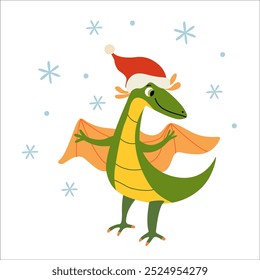 Cute baby dinosaur with wings and snowfall. Dino wearing santa hat. Vector flat illustration for winter and Christmas cards. Xmas design