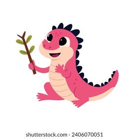 Cute Baby Dinosaur,lizard  With A Stick Vector Illustration on White Background.