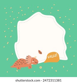 Cute baby dinosaurs background, childish frame for kids design. Childrens cute animals background. Can used for cover design, photo frame, greeting cards, banners.