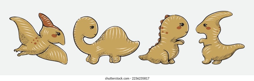 Cute Baby Dinosaurs Boho Style Vector Illustration Set 02
