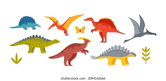 Cute Baby Dinosaurs, Dragons and Funny Dino Characters Set. Isolated Fantasy Colorful Prehistoric Happy Wild Animals Tyrannosaurus Rex, Stegosaurus, Pterodactyl Figures. Cartoon Vector Illustration