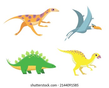 Cute baby dinosaurs. Funny cartoon dino running, standing and flying. Friendly colorful characters for children, adorable prehistoric animals, wild comic creatures isolated vector set