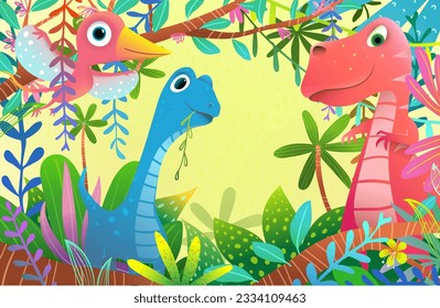 Cute Baby Dinosaurs in Prehistoric Forest, Design for Children. Colorful and Playful imaginary dino animals wallpaper. Vector funny dinosaur, vector background design for kids.