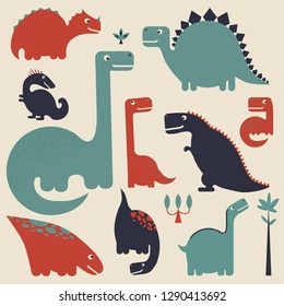 Cute baby dinosaurs in reto colors, set of dinosaurs