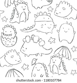 Cute baby dinosaurs seamless pattern. Funny cartoon dino seamless pattern. Hand drawn vector doodle design for girls, boys, kids. Hand drawn children's pattern for fashion clothes, shirt, fabric