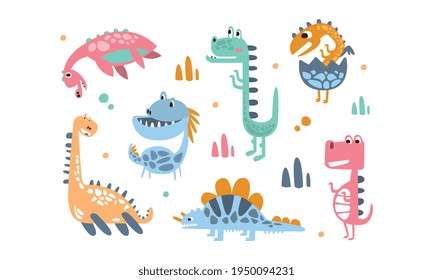Cute Baby Dinosaurs Set, Funny Colorful Dino Characters Cartoon Vector Illustration