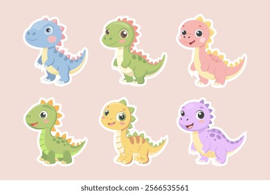 Cute Baby Dinosaurs Set. Little Cute Dinosaur Characters. Fairytale Monsters. Stickers, Badges, Prints