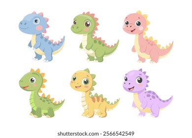 Cute Baby Dinosaurs Set. Little Cute Dinosaur Characters. Fairytale Monsters. Stickers, Badges, Prints