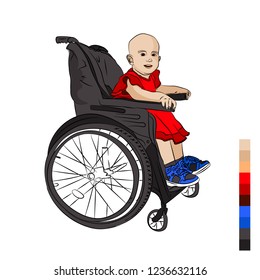 cute baby is disabled. in a wheelchair. leukemia. crayfish. The consequence of chemical therapy is baldness. Vector illustration on white isolated background. sketching style