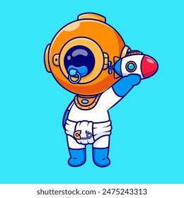 Cute Baby Diver Holding Submarine Cartoon Vector Icon Illustration. Science Technology Icon Concept Isolated Premium Vector. Flat Cartoon Style