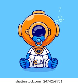 Cute Baby Diver Wearing pacifier And Diaper Cartoon Vector Icon Illustration. Science Nature Icon Concept Isolated Premium Vector. Flat Cartoon Style