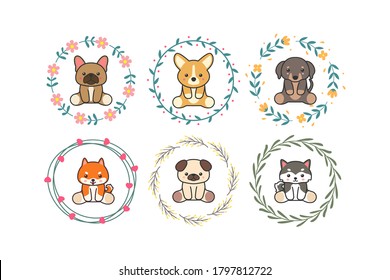 Cute baby dog animal with floral wreath or flower border cartoon hand drawn style