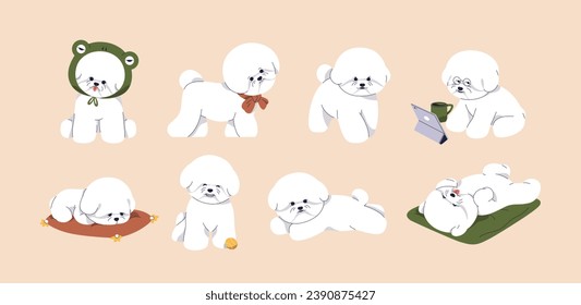 Cute baby dog of Bichon Frise breed. Funny fluffy fuzzy puppy set. Canine animals activities. Toy doggy, little curly pup pet playing, sleeping, lying, walking. Isolated flat vector illustrations