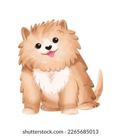 Cute baby dog. Brown fluffy puppy sitting with tongue hanging out. Pet and playful animal, adorable childrens character. Fashion and style, t shirt print. Cartoon flat vector illustration