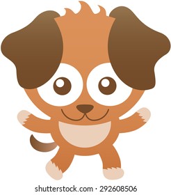 Cute baby dog with brown fur, big hanging ears, bulging eyes and friendly attitude while staring at you, widely opening its arms as for hugging you and smiling sweetly