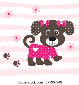 cute baby dog cartoon on striped background, baby shower, T-shirt graphics for kids vector illustration