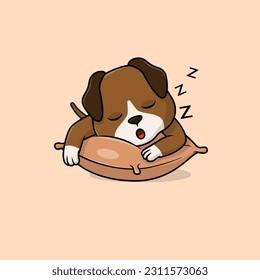 Cute baby dog cartoon sleeping face on pillow flat vector icon illustration. Flat vector illustration, flat icon sticker isolated.