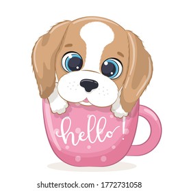 Cute baby dog in cup. Vector illustration for baby shower, greeting card, party invitation, fashion clothes t-shirt print.