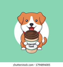 cute baby dog holding on the go coffee cup vector outline illustration cartoon style flat design