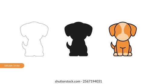 A Cute Baby Dog Illustration in Three Styles: Editable Stroke Outline, Silhouette, and Color