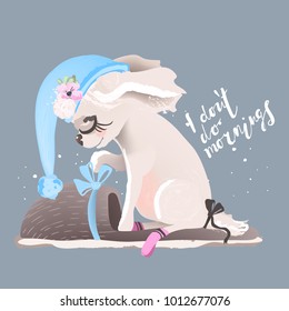 Cute baby dog, puppy. Adorable dreaming little girl princess dog with flowers in slipper with socks, floral wreath and tied bow. I Don't Do Mornings lettering, phrase