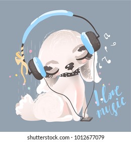 Cute baby dog, puppy. Adorable little girl princess dog in headphones, music notes and tied bow. I Love Music lettering, phrase